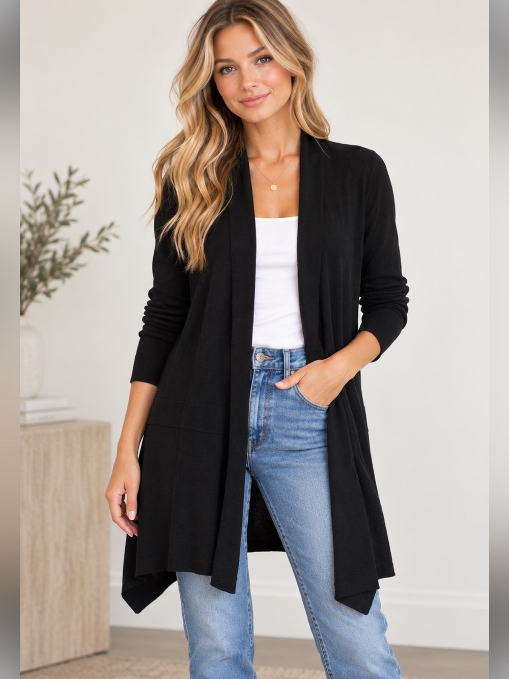 White House Black Market Size M Black Open Front Long Cardigan Sweater